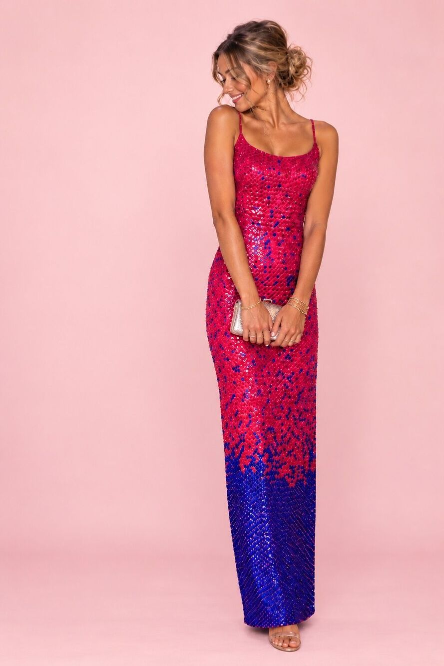 Cassandra Stone Women’s Vintage All Over Iridescent Pink Blue Sequin Open Back O